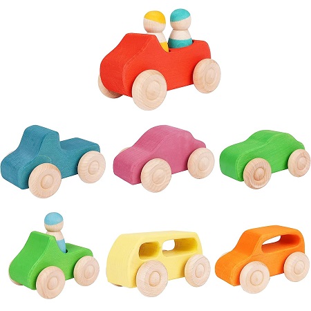 Agirlgle Montessori Wooden Car Toys - 7 Rainbow Wooden Vehicle Set Toy for Toddlers and Babies 3 Wooden Peg Doll