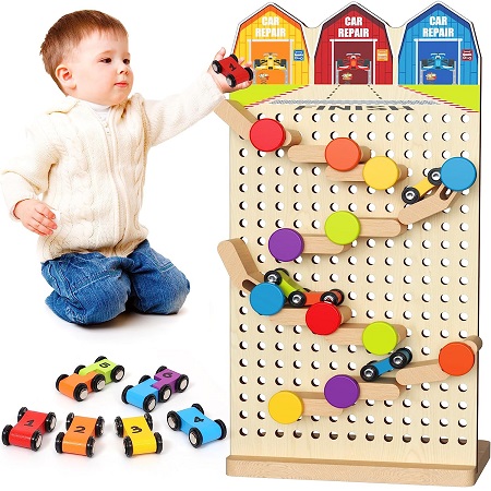 Atoylink Toddler Toys for 1 2 3 Year Old Boy Gift, DIY Wooden Car Ramp Toys Race Track & 6 Cars