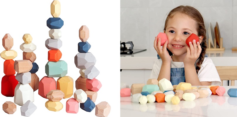BESTAMTOY 36 PCS Wooden Sorting Stacking Rocks Stones,Safe for Ages 1+,Toddler Toys Learning Montessori Toys, Building Blocks Game for Kids