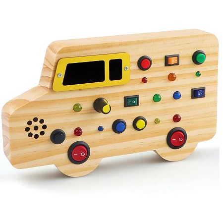 Bestbase Wooden Toddler Toys Montessori Busy Board, Sensory Toys with Light up LED Sounds Buttons Wooden Car Toys