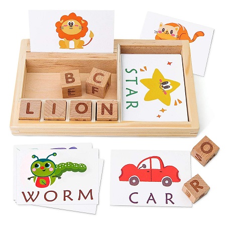 Coogam Spelling Games Wooden Matching Letters Toy With Flash Cards Words, Montessori ABC Alphabet Learning