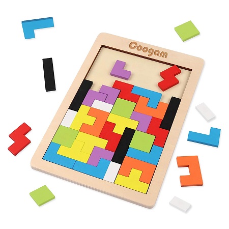 Coogam Wooden Blocks Puzzle Brain Teasers Toy Tangram Jigsaw Intelligence Colorful 3D Russian Blocks Game STEM Montessori