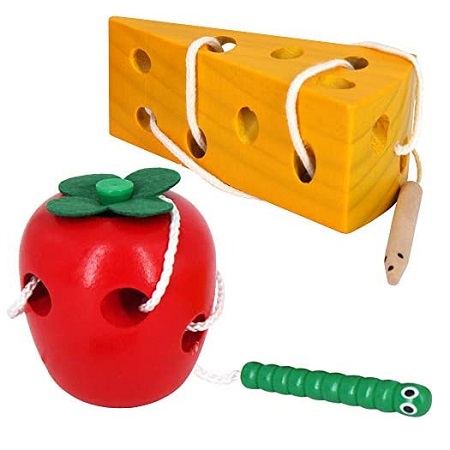 Early Development Toys Wooden Lacing Toys, Montessori Activity Caterpillars Eat Apple and Kids Cheese Toys
