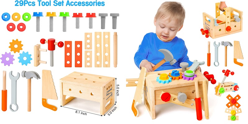 Hieoby Wooden Tool Set for Kids 2 3 4 5 Year Old, 29Pcs Educational STEM Toys Toddler Montessori Toys for 2 Year Old Construction