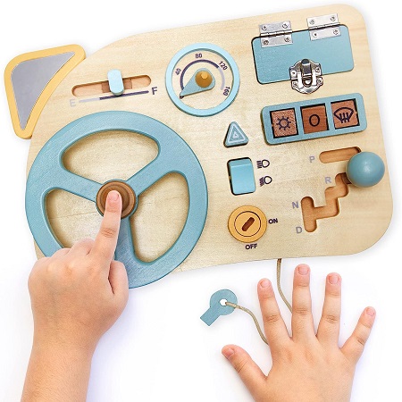 LA·LA · LLAMA Montessori Toy Steering Wheel - Car Driving Toddler Busy Board - Wooden Sensory Activity Board for Kids 3 4 Year Old