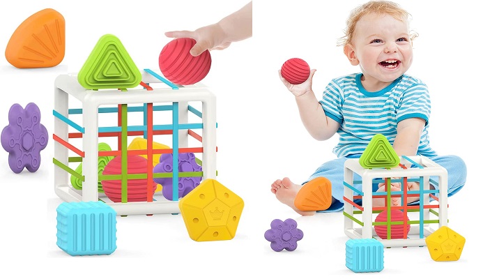 MINGKIDS Montessori Toys for 1 Year Old,Baby Sorter Toy Colorful Cube and 6 Pcs Multi Sensory Shape,Developmental Learning Toys for Girls Boys