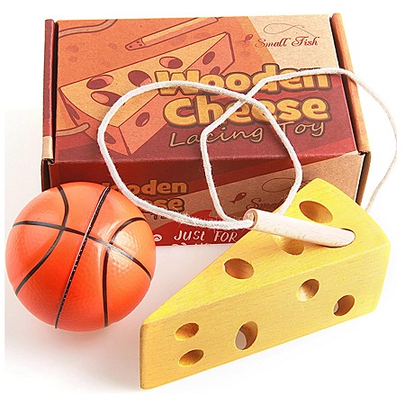 SMALL FISH Wooden Lacing Cheese Toy for Toddlers, Montessori Mouse and Cheese Puzzle with Free Stress Relief Squeeze Ball