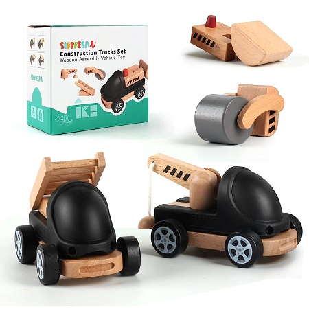 SURPRESA.V Cute Baby Wooden Car Toys,4 Kinds Wooden Construction Work Vehicles, Detachable Components, Fine Movement Development