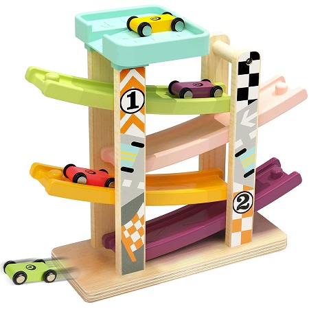 TOP BRIGHT Car Ramp Toy for 1 2 Year Old Boy Gift, Car Race Track for Toddlers 1-3 with 4 Wooden Cars