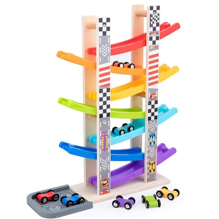 WOOD CITY Toddler Toys for 1 2 3 Years Old, Wooden Car Ramp Racer Toy Vehicle Set with 7 Mini Cars & Race Tracks, Montessori Toys