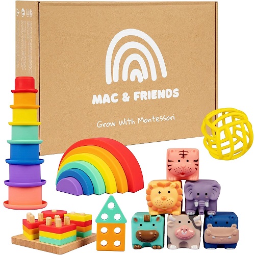 5 in 1 Rainbow Montessori Toy Set. For ages 0-3-6-12 months to preschool. Educational Sorting and Stacking Toys