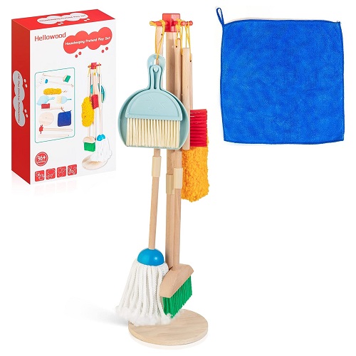 HELLOWOOD-Kids-Cleaning-Set-8pcs-Housekeeping-Play-Set-Includes-Broom-Mop-Duster-Dustpan-Brushes-Rag-and-Organizing-Stand