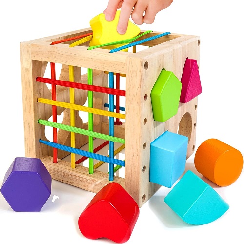 HELLOWOOD Montessori Toys for 1+ Year Old, Wooden Sorter Cube with 8pcs Rattling Shapes, Developmental Learning Toy Gifts