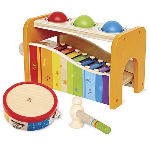 Hape Pound, Tap, & Shake! Music Set - Award Winning Wooden Pounding Bench, Baby Xylophone, and Tap Along Tambourine montessori musical toy