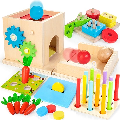 JUSTWOOD Montessori Toys for 1 2 3 Years Old Kids, 8-in-1 Wooden Play Kit Includes Object Permanent Box, Sensory Learning Activity Cube, Bonus Stacking