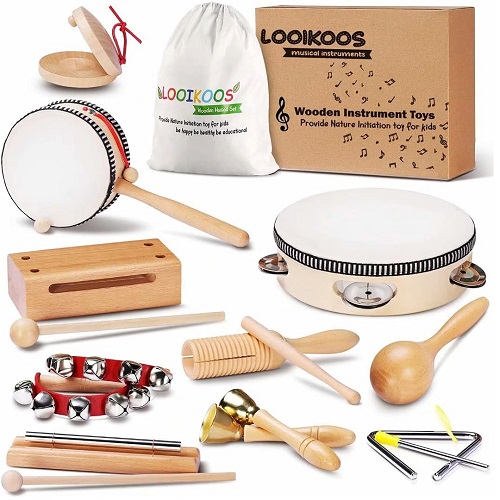 LOOIKOOS Toddler Musical Instruments Natural Wooden Percussion Instruments Toy for Kids Preschool Educational