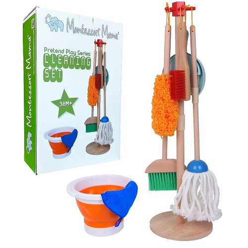 Montessori Mama Pretend Play Kids Cleaning Set - Toddler Cleaning Set - Kids Broom and Mop Set for Toddlers