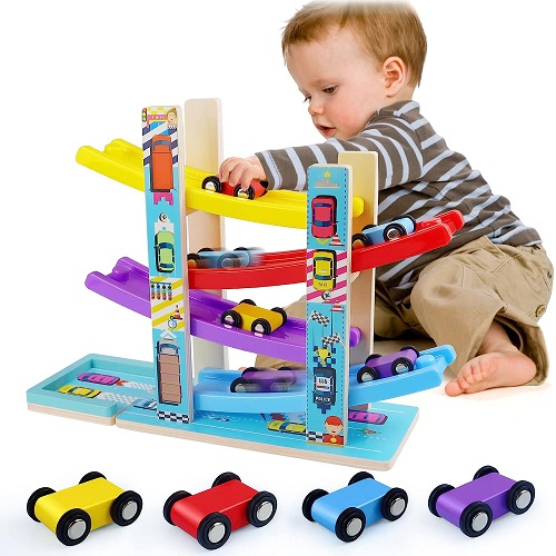 Children’s Race Track Toy With 4 Cars And 1 Wooden Parking Lot