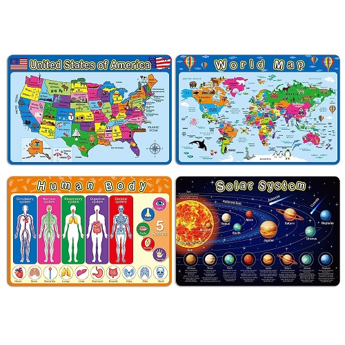 Patelai Map Human Body Solar System 4 Pieces Educational Preschool Placemats for Toddlers