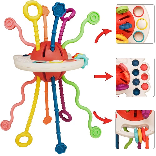 Tiyol Montessori Toys for 1+ Year Old, Food Grade Silicone Pull String Activitys, Developmental Pulling Teething Baby Sensory Toy