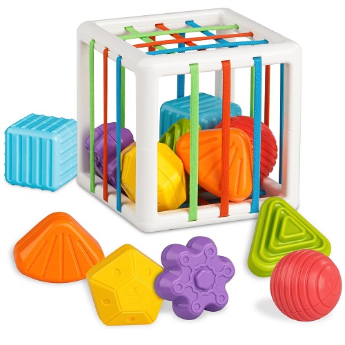 Shape Sorter Storage Cube Bin & 6 Sensory Shape Blocks Montessori Toy