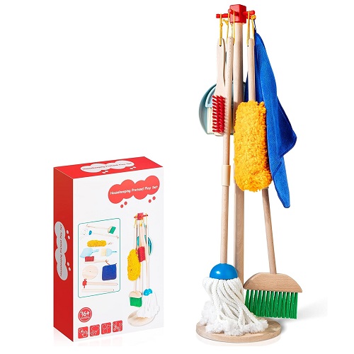 WOODMAM Wooden Kids Cleaning Set for Toddlers,8 Pieces Montessori Cleaning Toys with Kids Broom and Mop Set