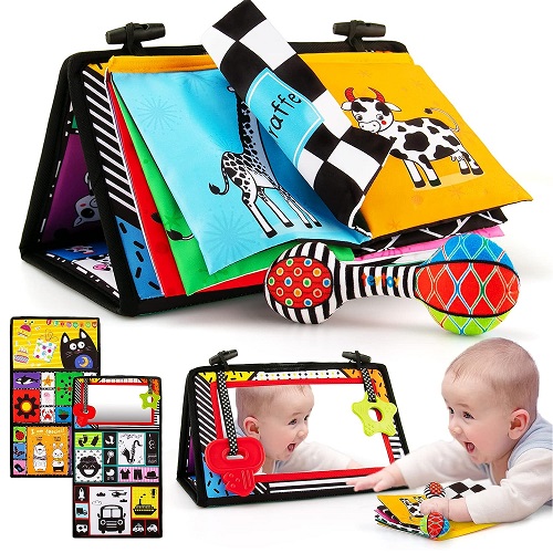 3-in-1 Tummy Time Mirror Toys with Soft Crinkle 3D Activity Book,Teethers, Rattle,High Contrast Black and White Montessori Baby Crawling