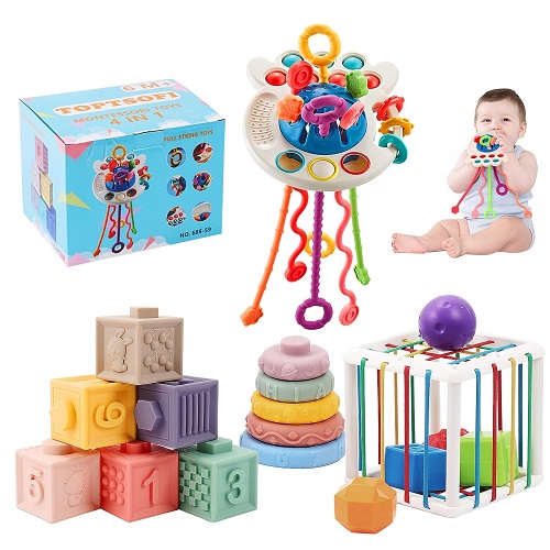 4 in 1 Montessori 2 Year Old Toys Pull String Baby Teething Toys, Stacking Building Blocks