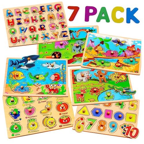 12. 7 Pack Chunky Wooden Peg Puzzles For Toddlers