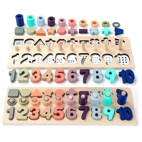 BEKILOLE Wooden Number Puzzle for Toddler Activities - Montessori Toys for Toddlers Shape Sorting Counting Game for Age 3 4 5 Year olds Kids