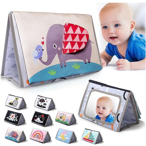Baby Mirror Tummy Time with High Contrast Soft Baby Crinkle Book, Infant Montessori Sensory Toys