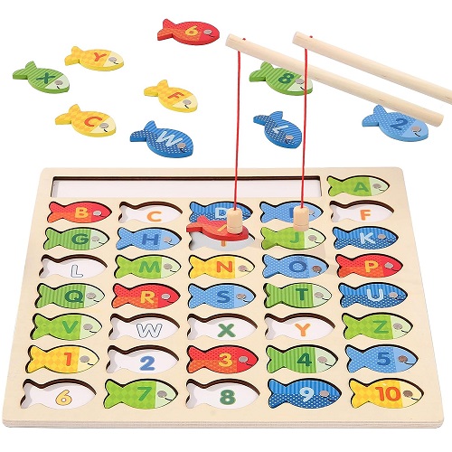 Diaodey Wooden Magnetic Fishing Game for Toddlers, Montessori Fine Motor Skills Toy with Letters and Numbers