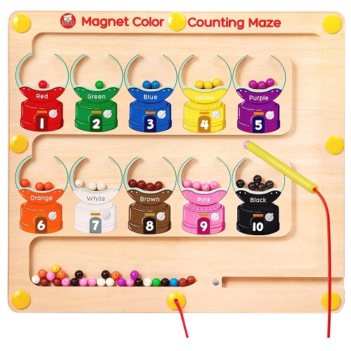 JoyCat Magnetic Color & Number Maze - Montessori Wooden Color Matching Learning Counting Puzzle Board