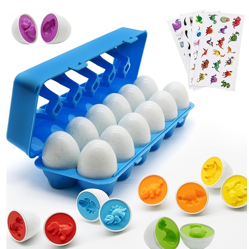 MOONTOY Dinosaur Matching Eggs for Toddlers – 12 Pcs Color & Shape Dino Egg Puzzle Toy Set Montessori