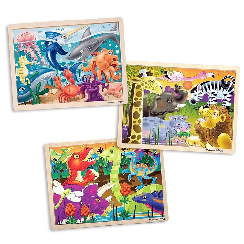 Melissa & Doug 3-Puzzle Jigsaw Set - Dinosaurs, Ocean, and Safari - Toddler Jigsaw Puzzles