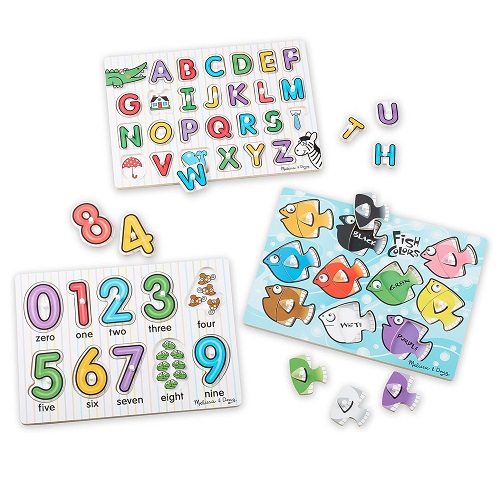 18. Melissa & Doug Classic Wooden Peg Puzzles – Numbers, Alphabet, And Colors