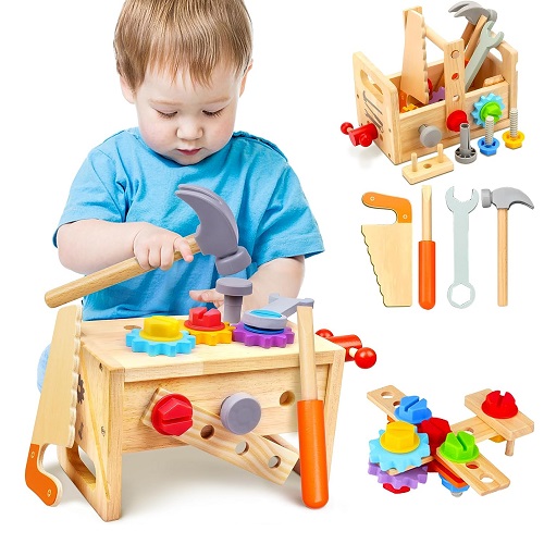Mgtfbg Kids Tool Set - 29 PCS Wooden Toddler Tool with Box, Montessori STEM Educational Pretend Play Construction Toy for 2 Year Olds
