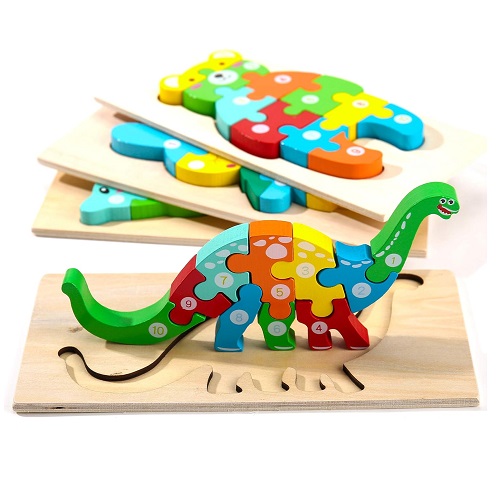 Montessori Mama Wooden Toddler Puzzles for Kids Wooden Toy Dinosaur Puzzle