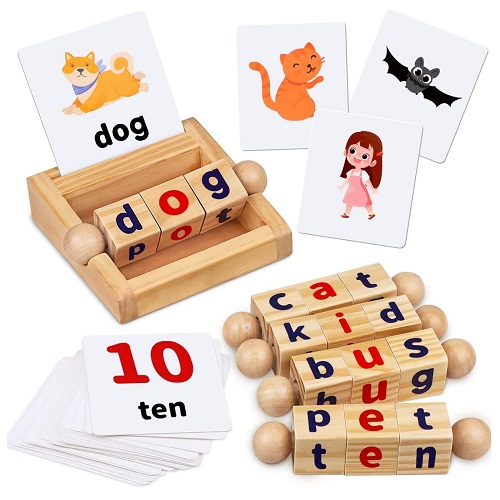 Montessori Toys for Toddlers 2 3 4 Years Old Wooden Reading Blocks Flash Cards Short Vowel Turning Rotating Matching Letters Toy