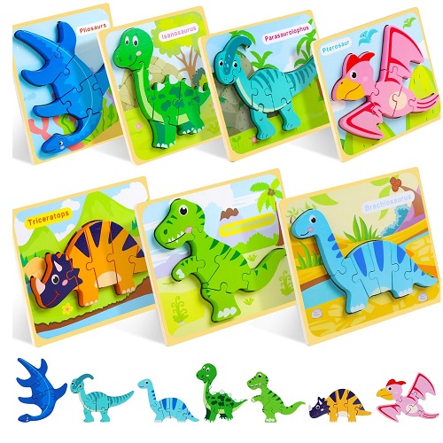 TOY Life Wooden Puzzles for Toddlers 1-3, 7 Pack Dinosaur Baby Puzzle for Kid Age 1-3, Dinosaur Toys for Kids, Montessori Toys
