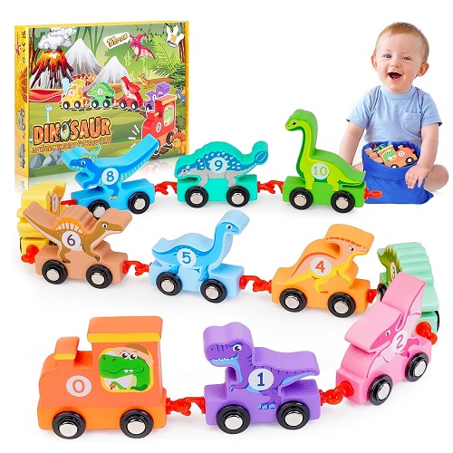 Toddler Dinosaur Toys Age 2-4 IPOURUP Wooden Dinosaurs Train Set Montessori Educational Toys