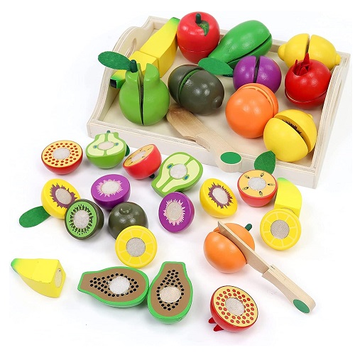 Wooden Play Food Sets for Toddlers Kitchen Accessories Cutting Montessori Toys for 2 Year Old Kids Pretend Play Fake Fruit Vegetable