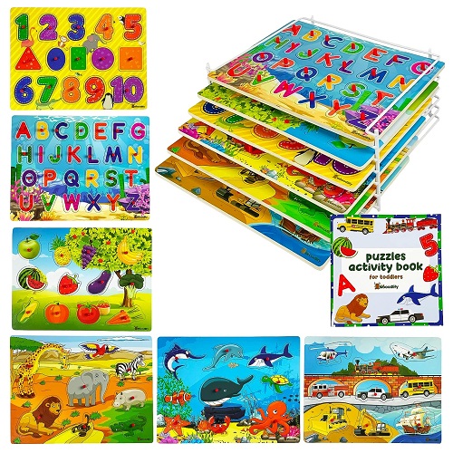 Wooden Puzzles for Toddlers 1-3 with Rack - 6 Pack Wooden Peg Puzzles and Storage Holder