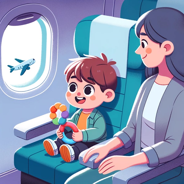 Animated photo of a child on an airplane with his mom next to him.