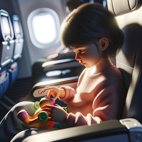 Child on an airplane playing with a toy.