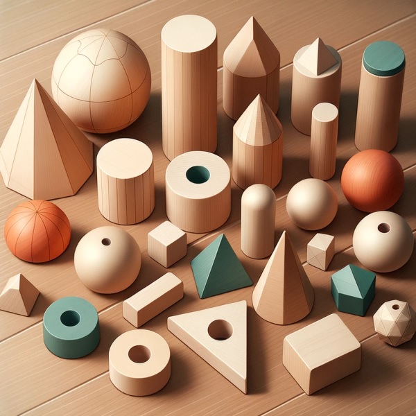 Illustration of Montessori geometric solids placed on a wooden surface.