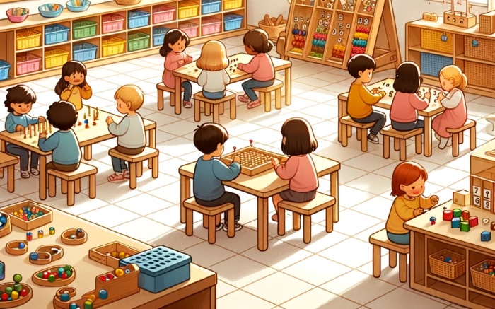 Illustration of a Montessori classroom with children using math materials.