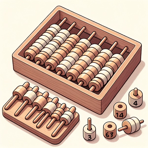 Illustration of a Montessori spindle box open with spindles arranged next to it.