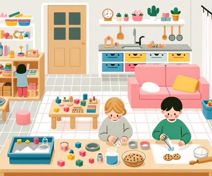 Illustration of a home environment incorporating Montessori math principles.