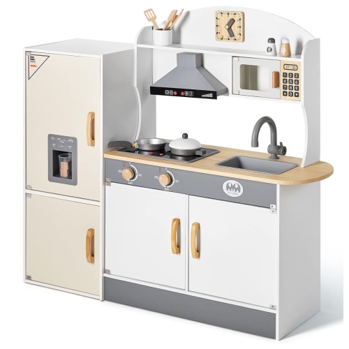 JOYLDIAS Kid Play Kitchen, Pretend Wooden Toddler Kitchen Toy Set with Realistic Design, Ice Cube Dispenser, Refrigerator